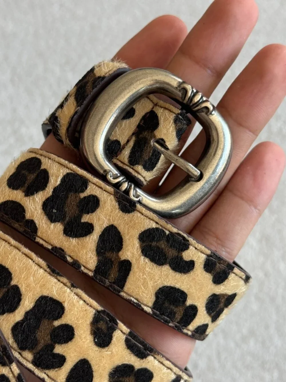 Tan Leopard Oval Silver Buckle Belt